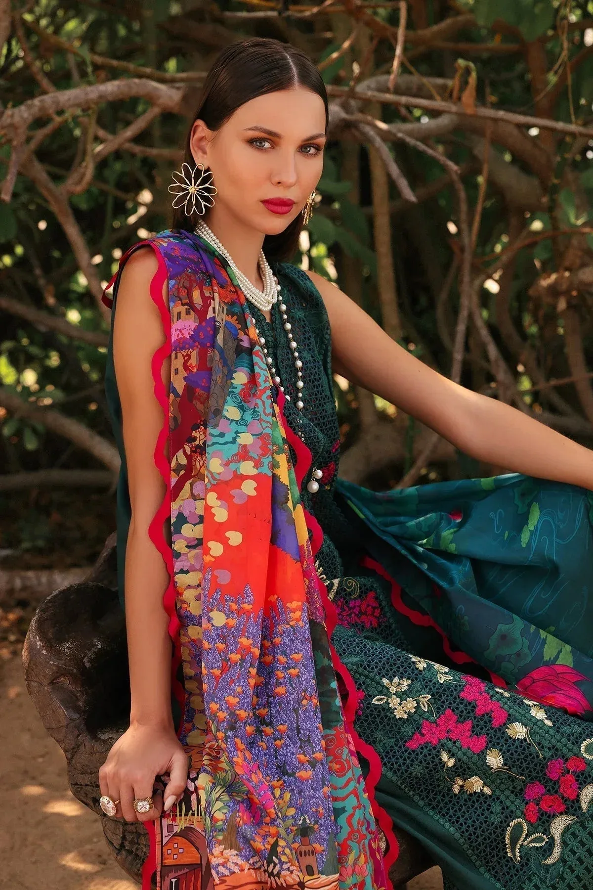 Afrozeh Lawn 25 Green Organza – view 5 – Poshaq