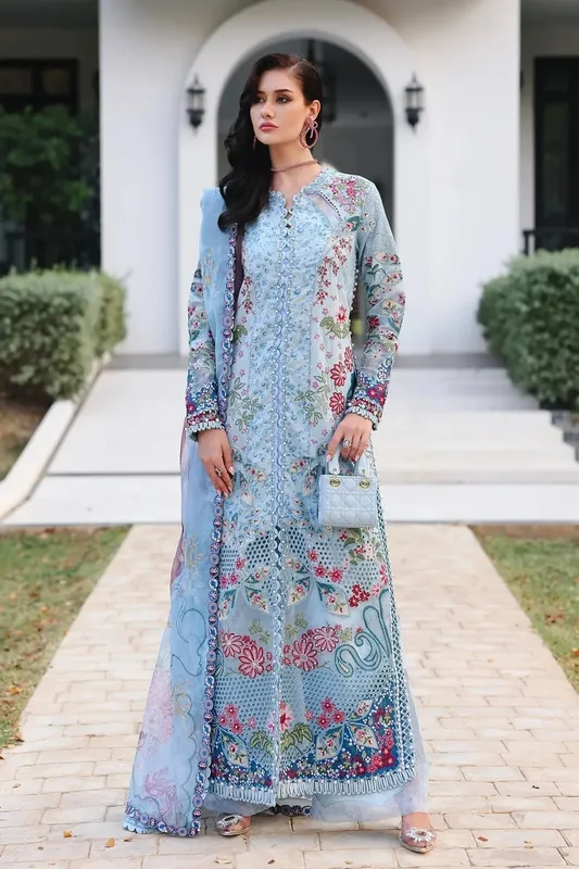 Afrozeh Lawn 25 Blue Organza – view 1 – Poshaq