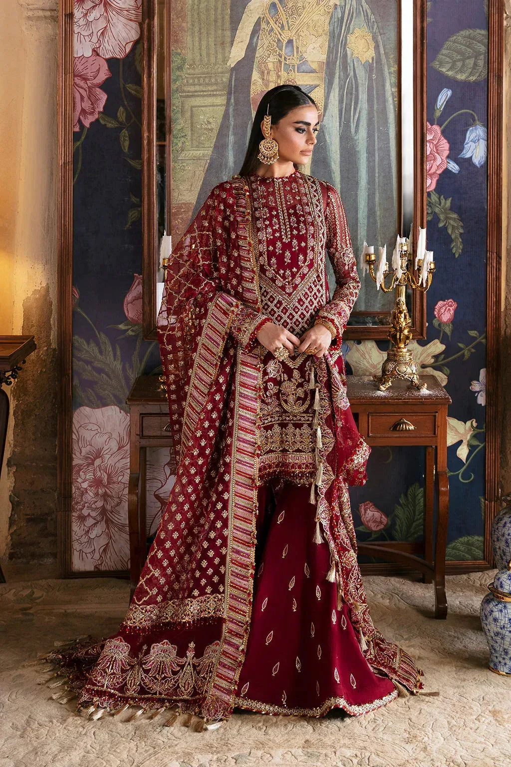 silk and organza bridal ensemble with embroidered front panels – view 1 – Poshaq