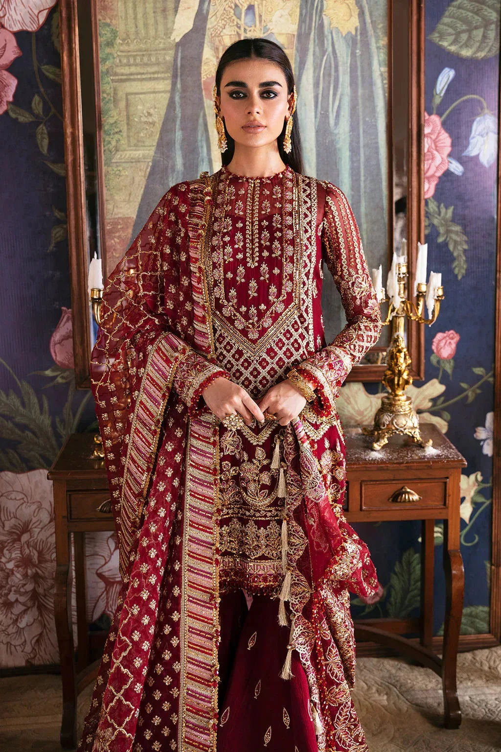 silk and organza bridal ensemble with embroidered front panels – view 4 – Poshaq