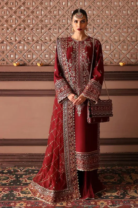 Afrozeh Divani Silk Edit 23 Maroon Raw Silk – view 1 – Poshaq