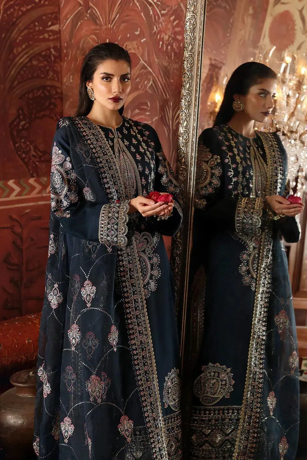 Afrozeh Divani Silk Edit 23 Navy Blue Raw Silk – view 2 – Poshaq