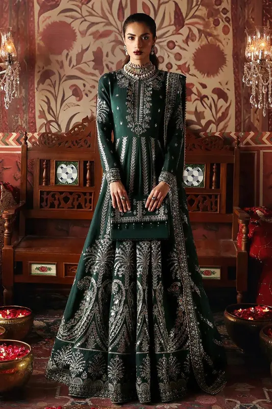 Afrozeh Divani Silk Edit 23 Bottle Green Raw Silk – view 1 – Poshaq