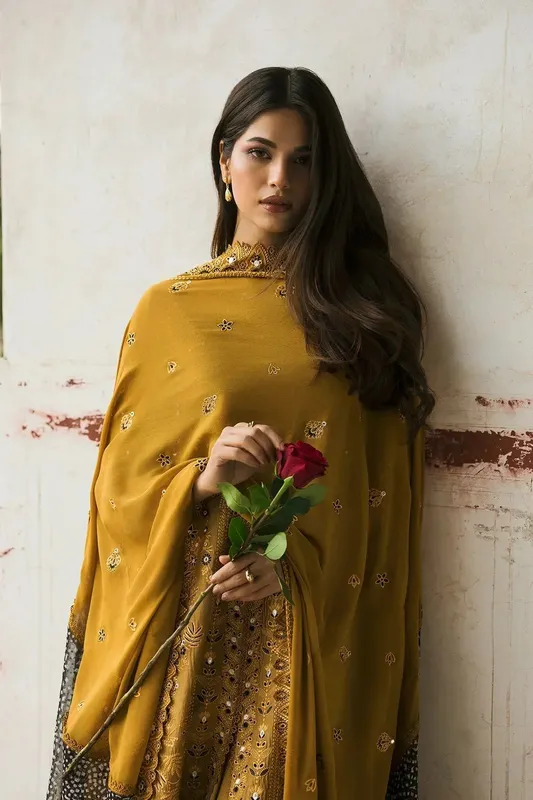 Afrozeh Mulaqaat Lawn Mustard Chiffon – view 1 – Poshaq