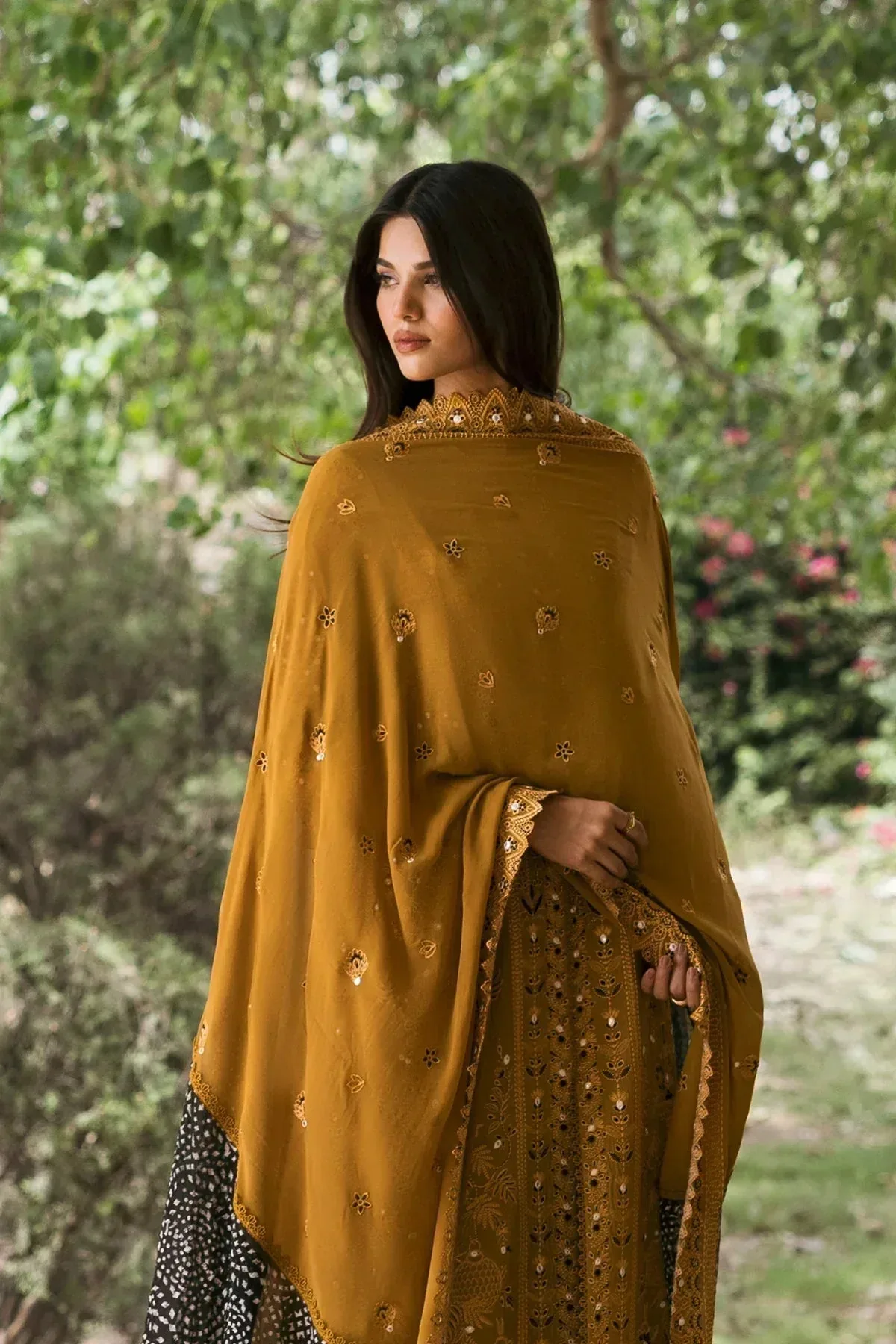 Afrozeh Mulaqaat Lawn Mustard Chiffon – view 2 – Poshaq