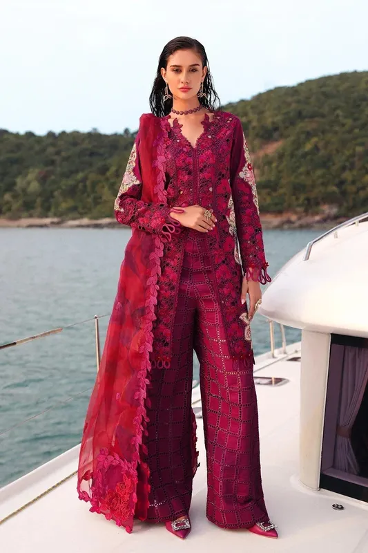 Afrozeh Luxury Embroidered & Printed Lawn Magenta Organza – view 1 – Poshaq