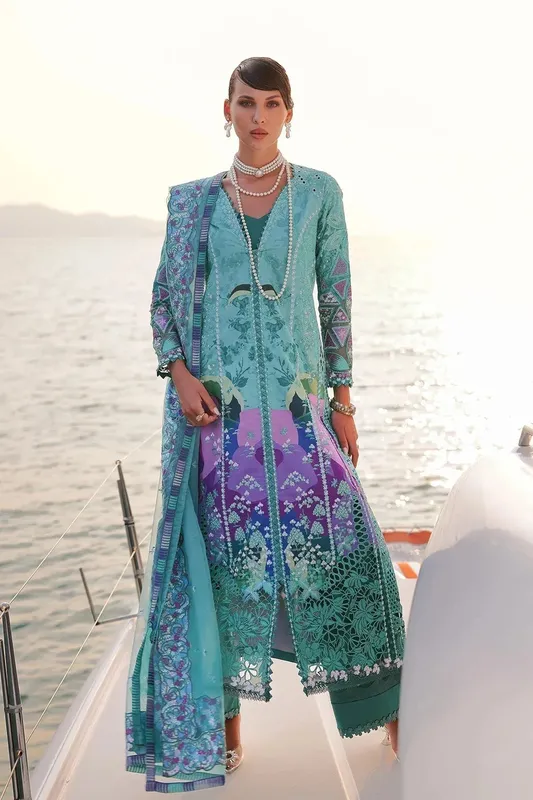Afrozeh Luxury Embroidered & Printed Lawn Blue Cotton – view 1 – Poshaq