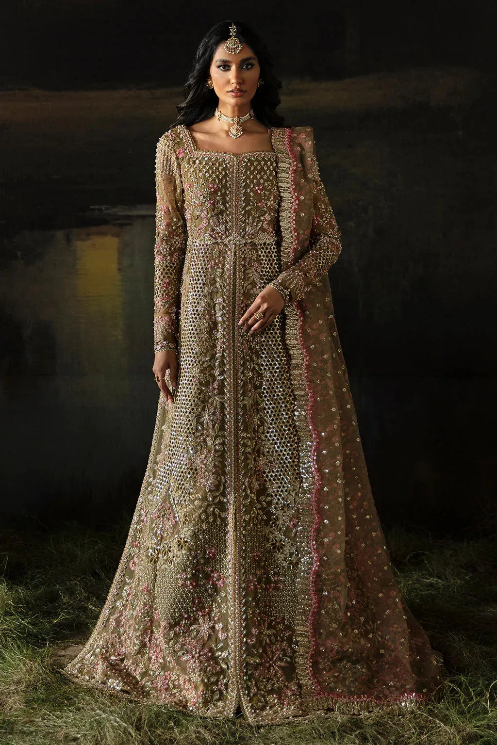 Afrozeh Olive Raw Silk – view 1 – Poshaq