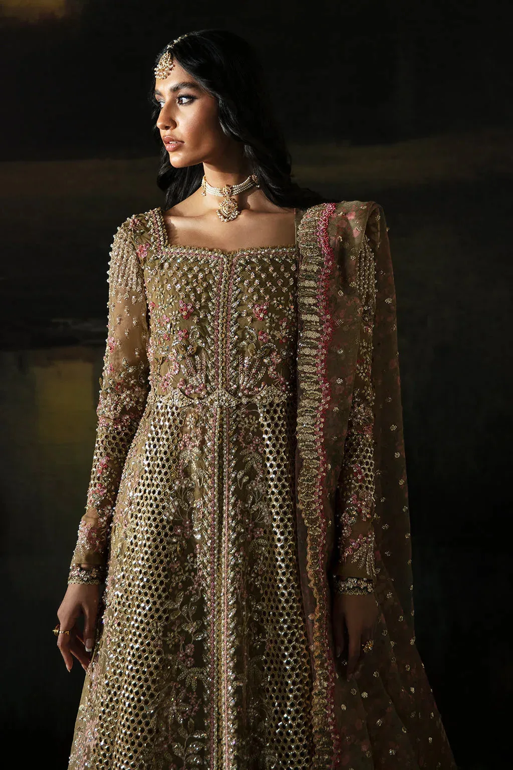 Afrozeh Olive Raw Silk – view 4 – Poshaq