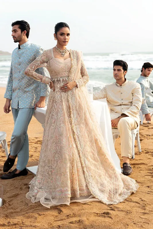 Afrozeh Dastangoi Wedding Formals Peach Raw Silk – view 1 – Poshaq