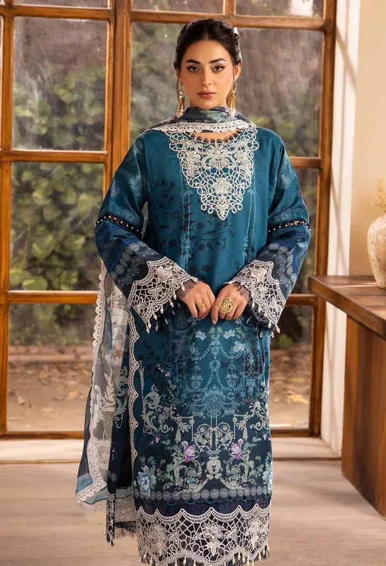Adans Libas Chantelle Print Lawn Teal Blue Chiffon – view 1 – Poshaq