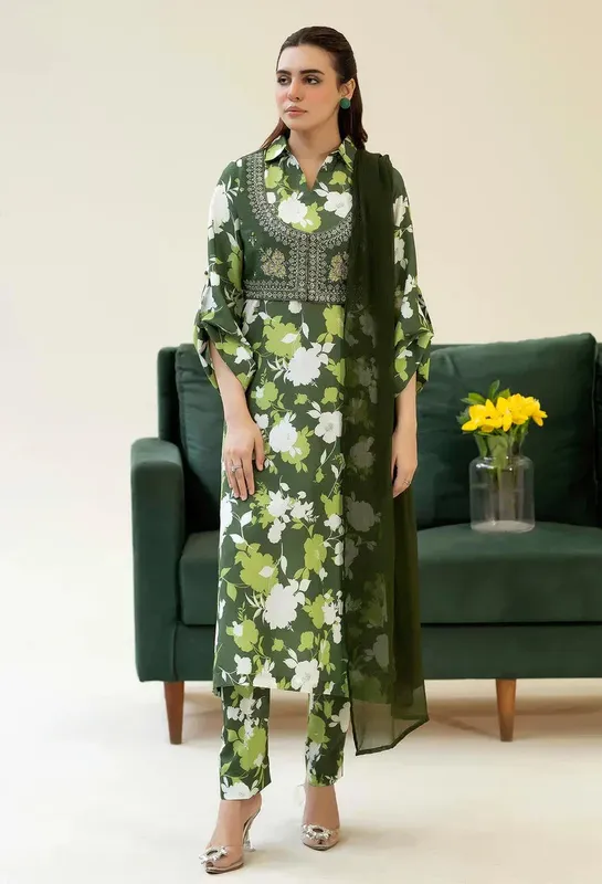 silk long shirt and trouser set with elegant drape – view 1 – Poshaq