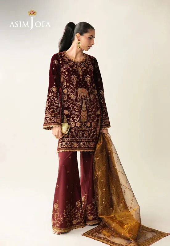 Asim Jofa Makhmal Velvet 25 Maroon Velvet – view 1 – Poshaq