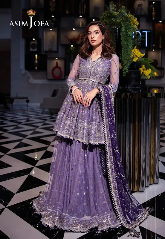 Purple embroidered sharara set with silk shirt and net trousers – view 1 – Poshaq