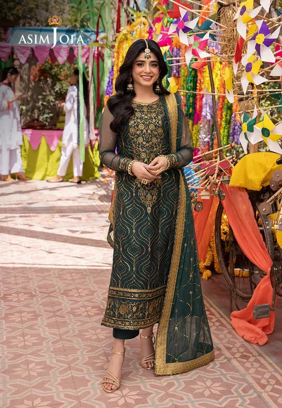 Asim Jofa Pyaar Diyan Gallan Formals Bottle Green Organza – view 1 – Poshaq
