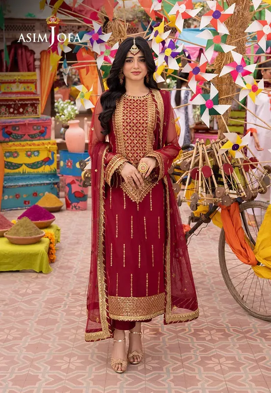 Asim Jofa Pyaar Diyan Gallan Formals Maroon Net – view 1 – Poshaq
