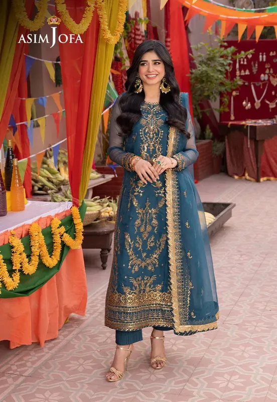 Asim Jofa Pyaar Diyan Gallan Formals Teal Organza – view 1 – Poshaq