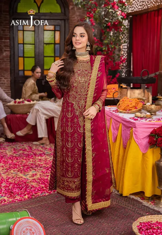 Asim Jofa Pyaar Diyan Gallan Formals Maroon Organza – view 1 – Poshaq