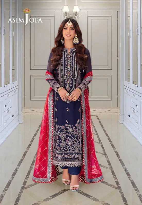 Asim Jofa festive luxe Navy Blue Chiffon – view 1 – Poshaq