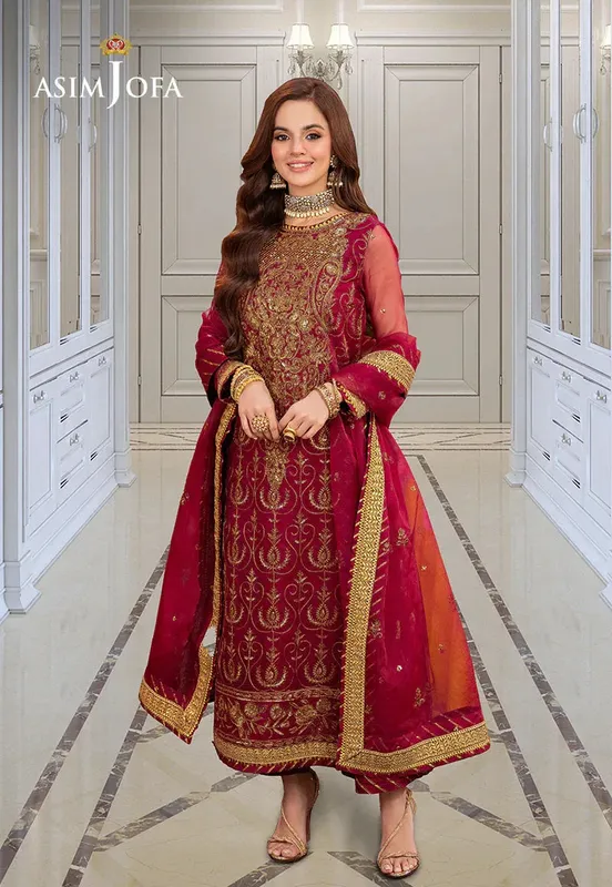 Asim Jofa festive luxe Red Organza – view 1 – Poshaq