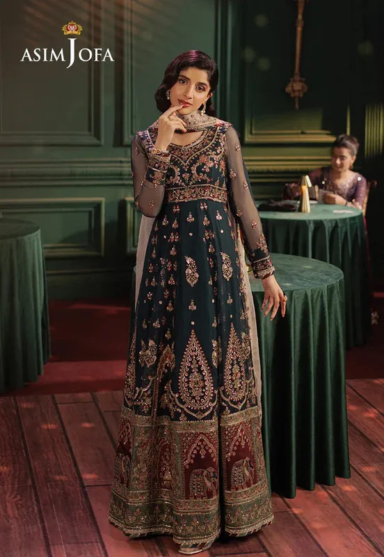 Asim Jofa Premium Festive Dark Teal Blue Chiffon – view 1 – Poshaq
