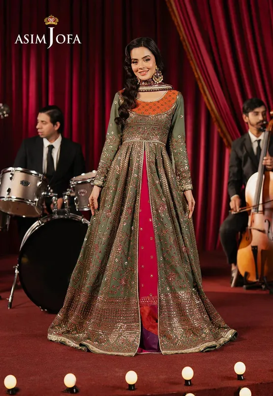 Asim Jofa Premium Festive Deep Olive Green Raw Silk – view 1 – Poshaq
