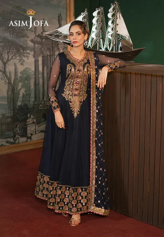 Asim Jofa Premium Festive Navy Blue Net – view 1 – Poshaq