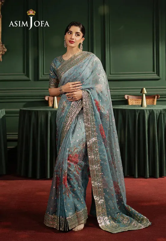 Asim Jofa Premium Festive Dusty Blue Raw Silk – view 1 – Poshaq