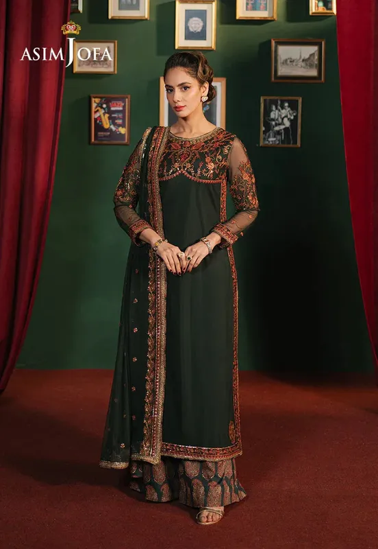 Asim Jofa Premium Festive Bottle Green Silk – view 1 – Poshaq
