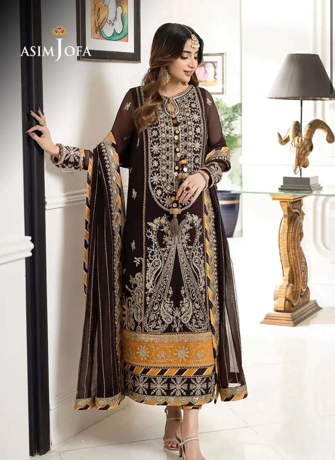 Asim Jofa Mustard Organza – view 4 – Poshaq