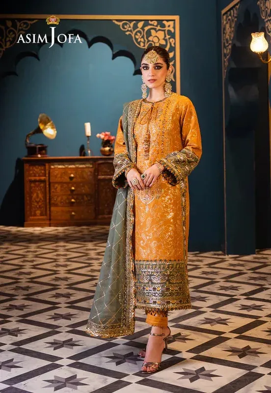 Asim Jofa Fasana e Ishq Eid Luxury Lawn Mustard Chiffon – view 1 – Poshaq