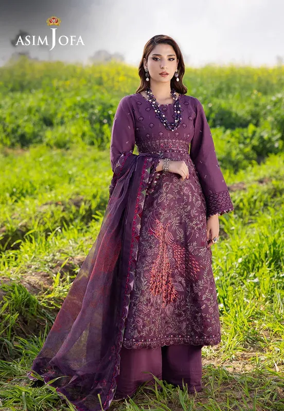 Asim Jofa Luxury Lawn 25 Maroon Organza – view 1 – Poshaq