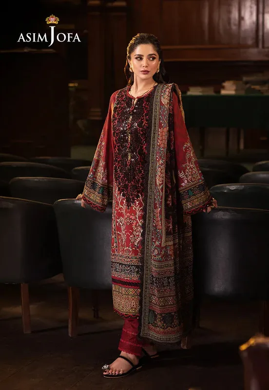 Asim Jofa Prints Drop 2 Maroon Organza – view 1 – Poshaq