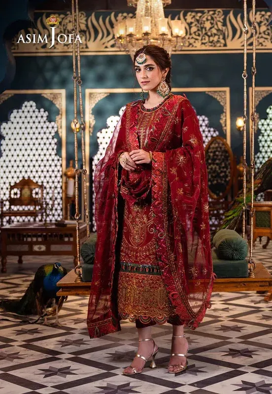 Asim Jofa Fasana e Ishq Eid Luxury Lawn Red Chiffon – view 1 – Poshaq