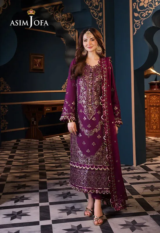 Asim Jofa Fasana e Ishq Eid Luxury Lawn Magenta Chiffon – view 1 – Poshaq