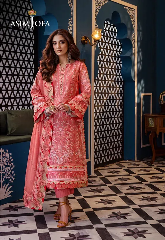Peach long shirt and trouser set in luxury lawn fabrics – view 1 – Poshaq