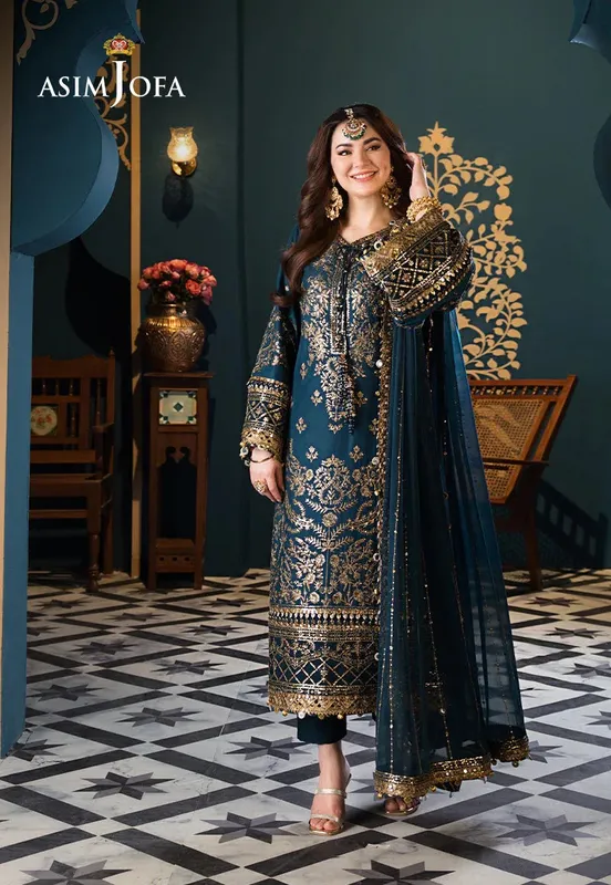 Asim Jofa Fasana e Ishq Eid Luxury Lawn Teal Chiffon – view 1 – Poshaq