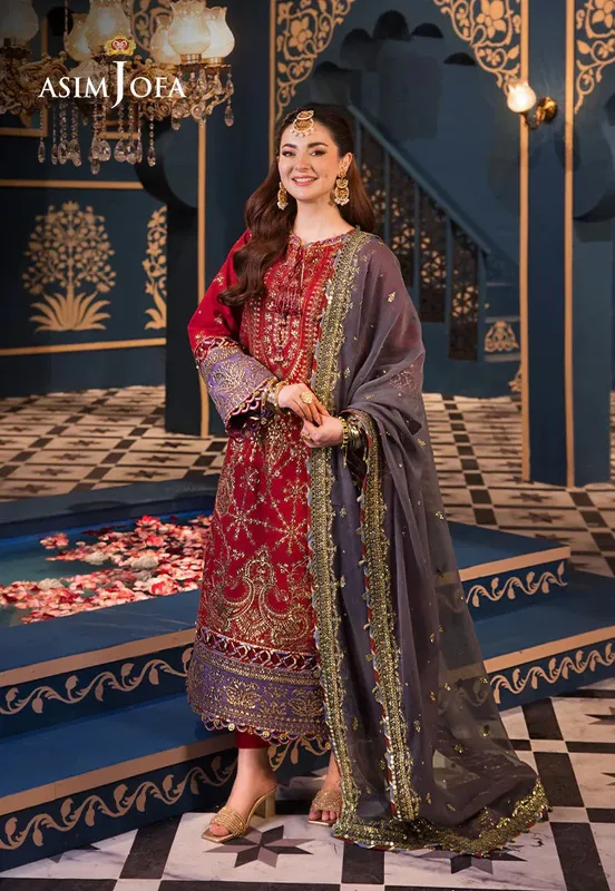 Asim Jofa Fasana e Ishq Eid Luxury Lawn Red Chiffon – view 1 – Poshaq