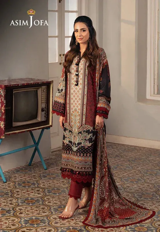 Asim Jofa Aira Summer Prints Maroon Cambric – view 1 – Poshaq