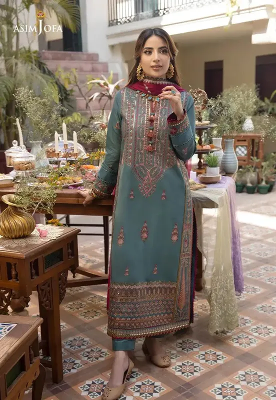 Asim Jofa Zarq Barq Eid Edit23 Teal Organza – view 1 – Poshaq
