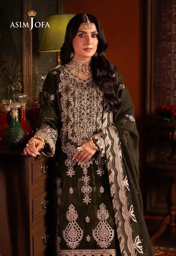Asim Jofa Makhmal Wedding Velvet 23 Green Raw Silk – view 4 – Poshaq