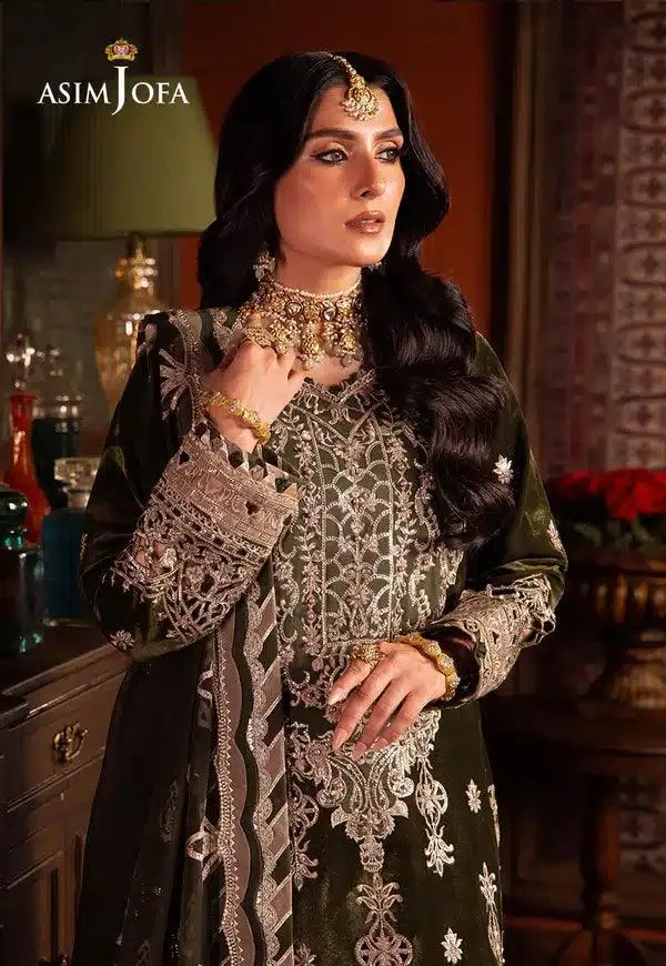 Asim Jofa Makhmal Wedding Velvet 23 Green Raw Silk – view 6 – Poshaq