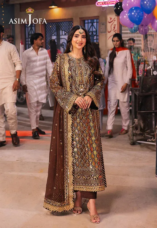 Asim Jofa Chamkeli Formals 24 Brown Chiffon – view 1 – Poshaq