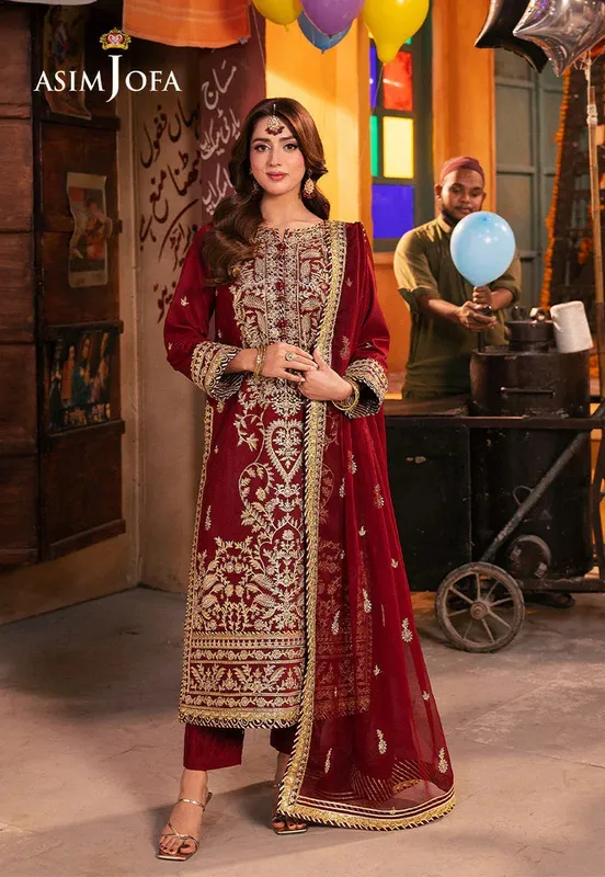 Asim Jofa Chamkeli Formals 24 Maroon Chiffon – view 1 – Poshaq