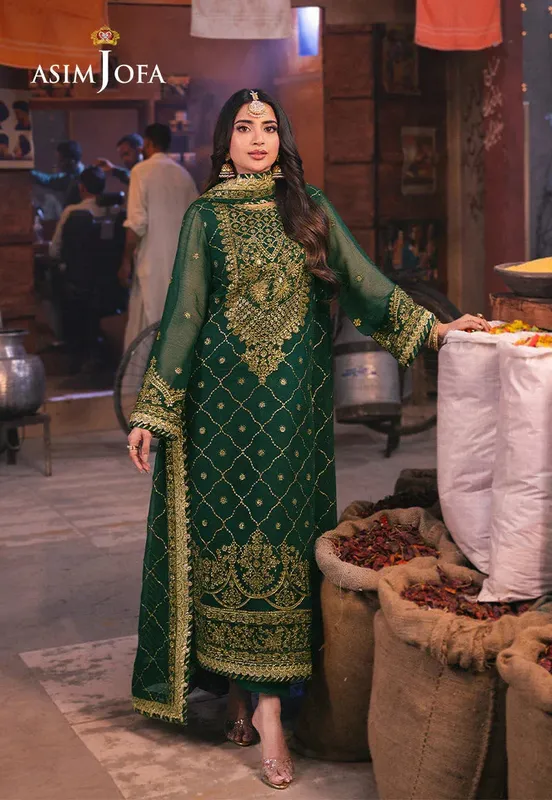 Asim Jofa Chamkeli Formals 24 Bottle Green Silk – view 1 – Poshaq