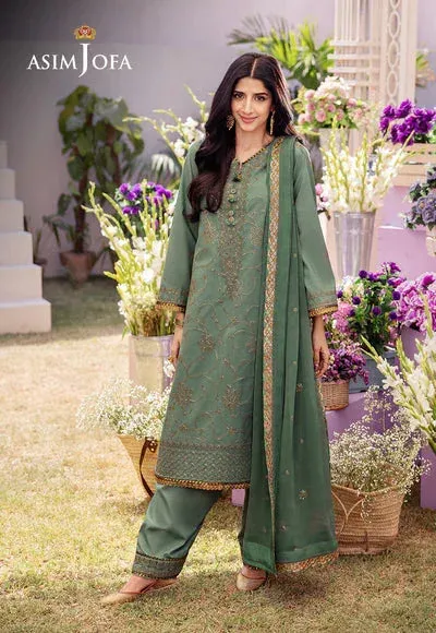 Green chiffon and silk formal shirt and trouser set with subtle embroidery – view 1 – Poshaq