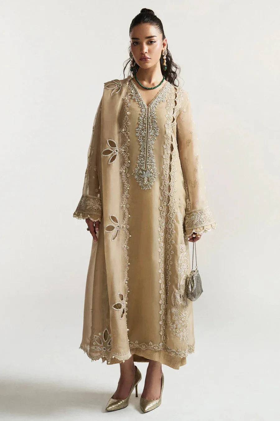 Elan Vital Ornee Ivory Gold Organza – view 1 – Poshaq