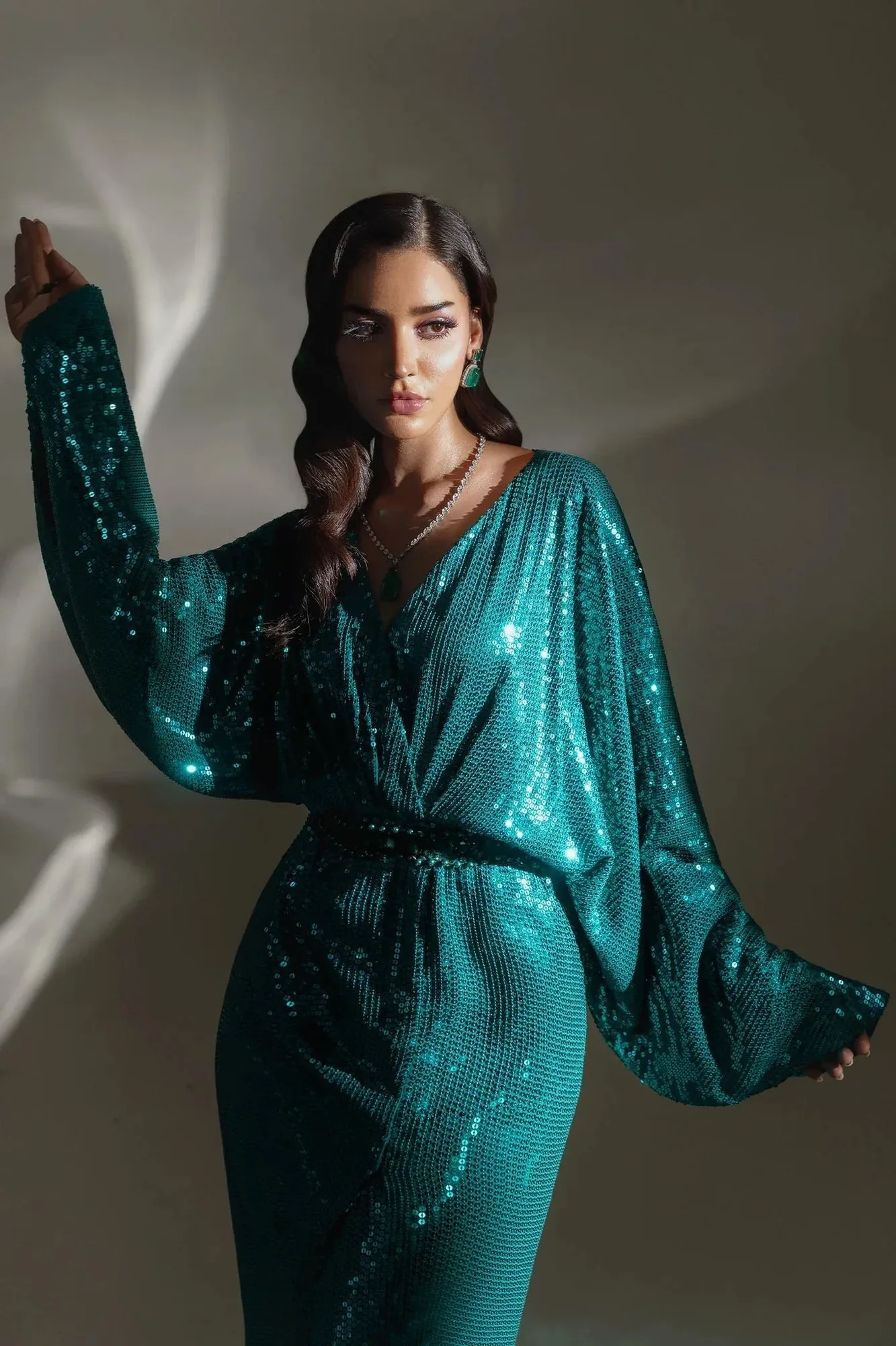 Elan Lueur Dor Teal Green Chiffon – view 2 – Poshaq