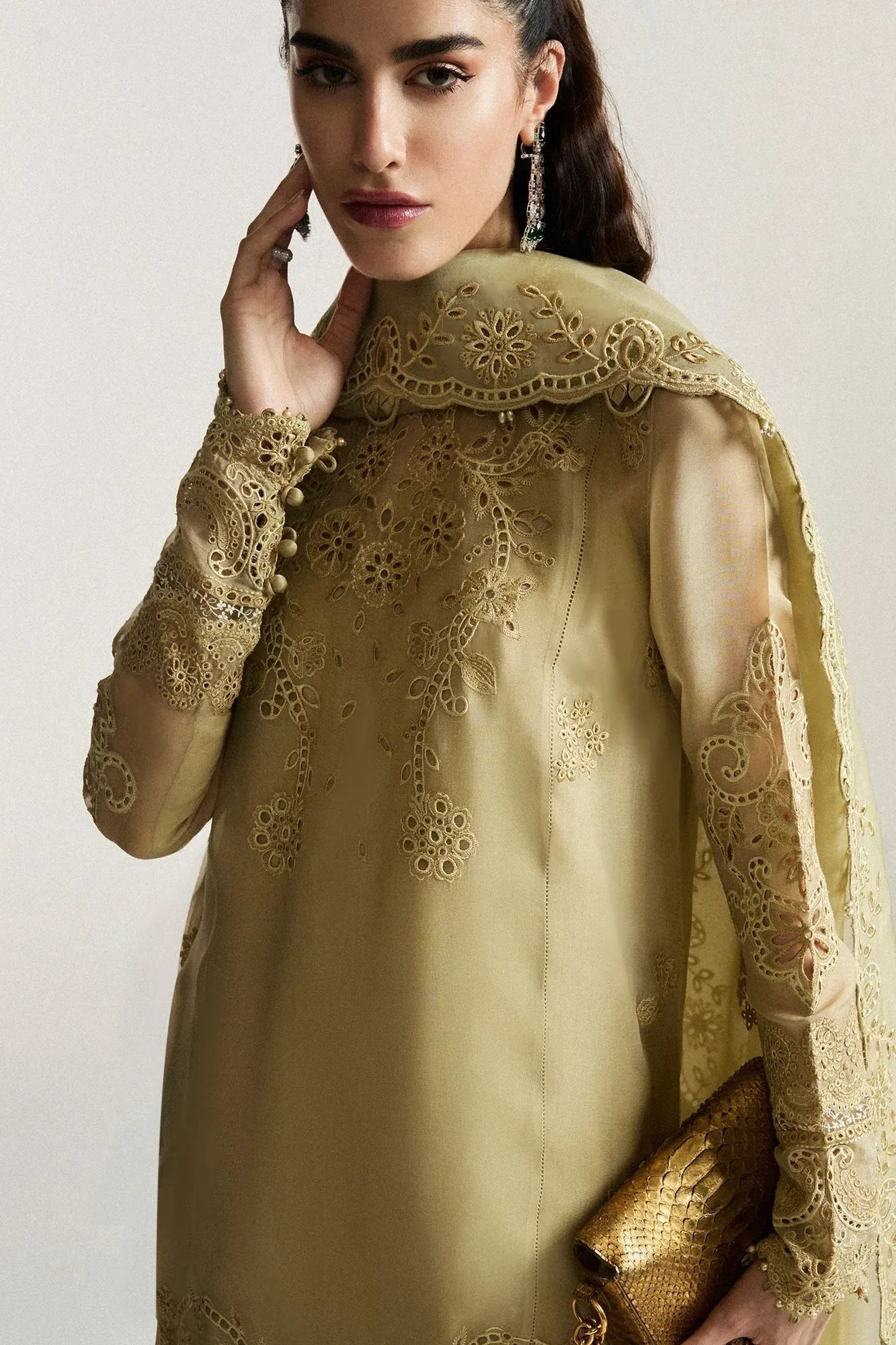 Elan olive gold Organza – view 3 – Poshaq