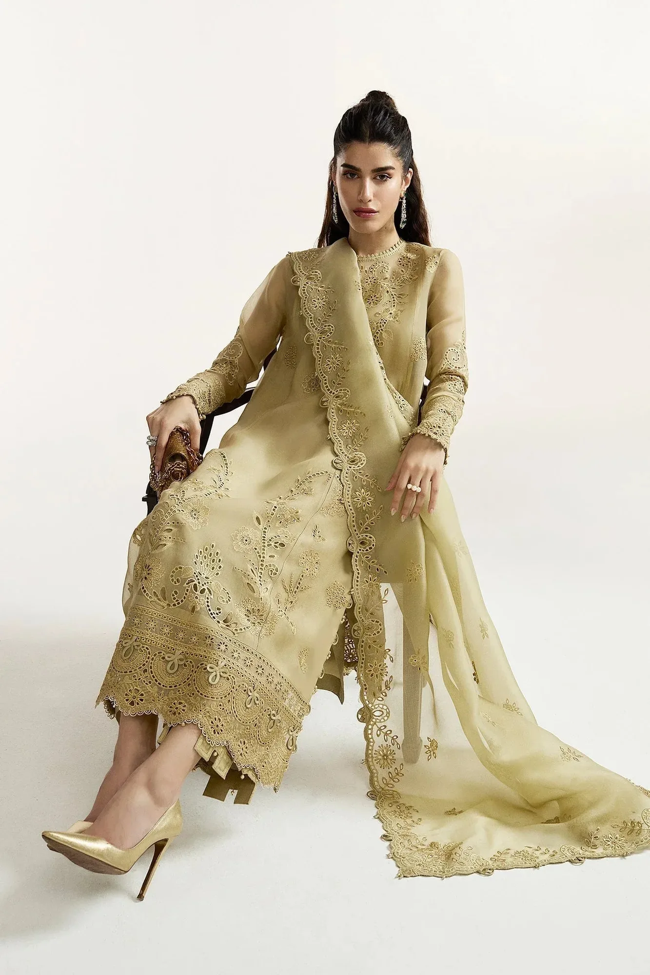 Elan olive gold Organza – view 4 – Poshaq